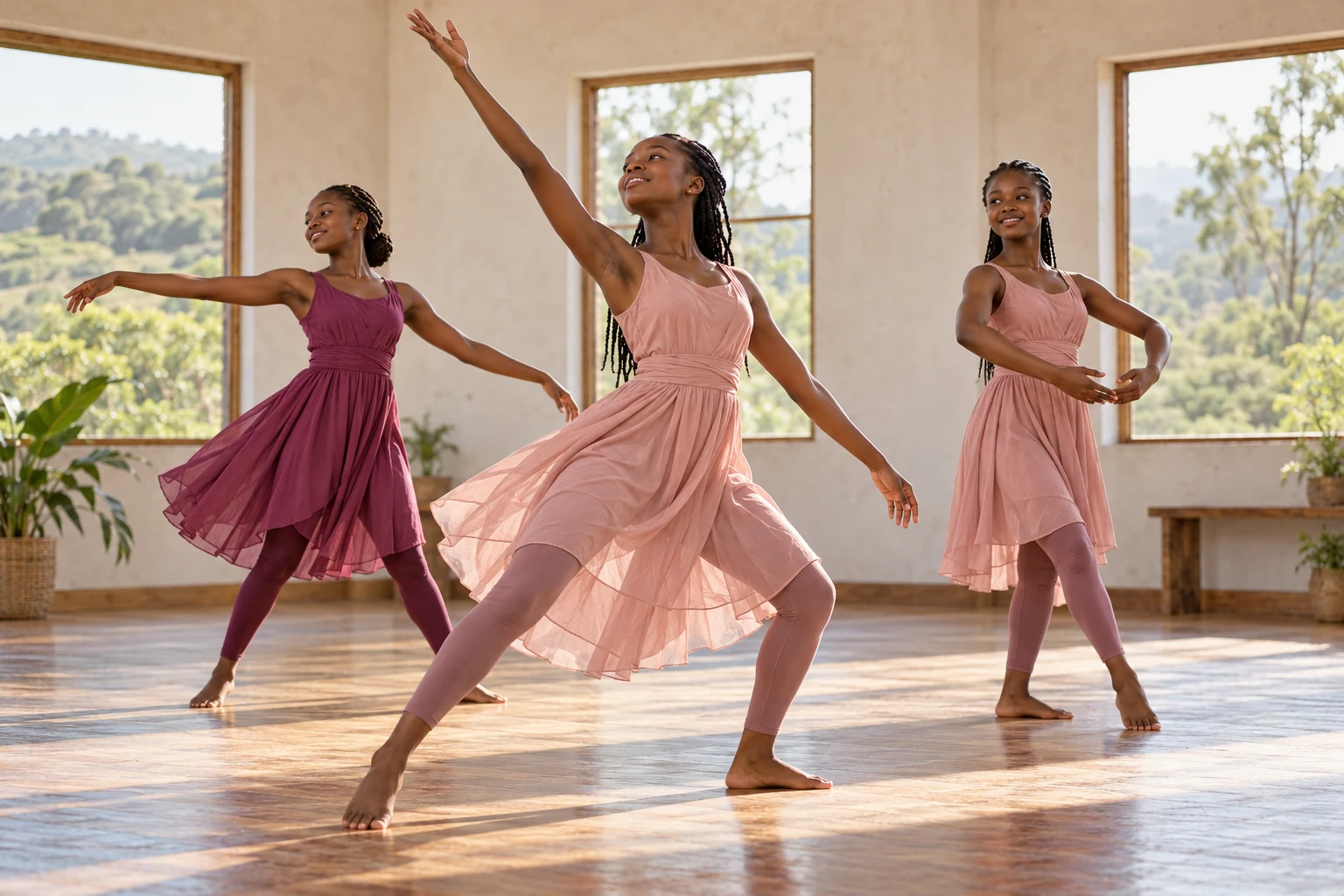 Illustrative scene of Kenyan girls in blush and magenta dresses exploring lyrical contemporary dance