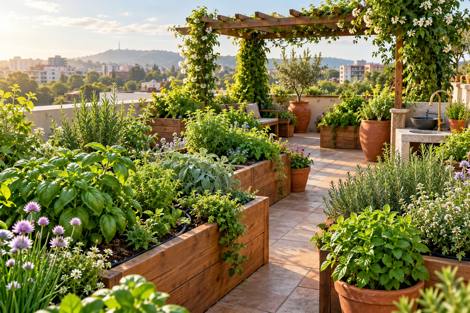 Lush rooftop herbal garden with raised wooden beds, terracotta pots, a vine-covered pergola, and sunlit city views.