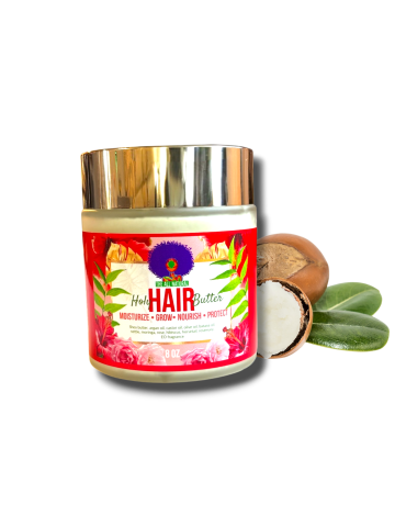 Herbal Hair Butter product jar with coconut and botanical ingredients.